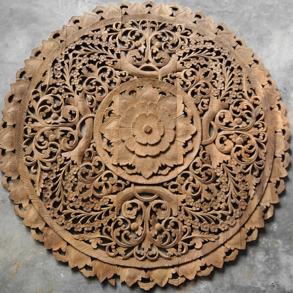 Circle Carved Wooden Wall Art Buddhist Flower Panel - Siam Sawadee