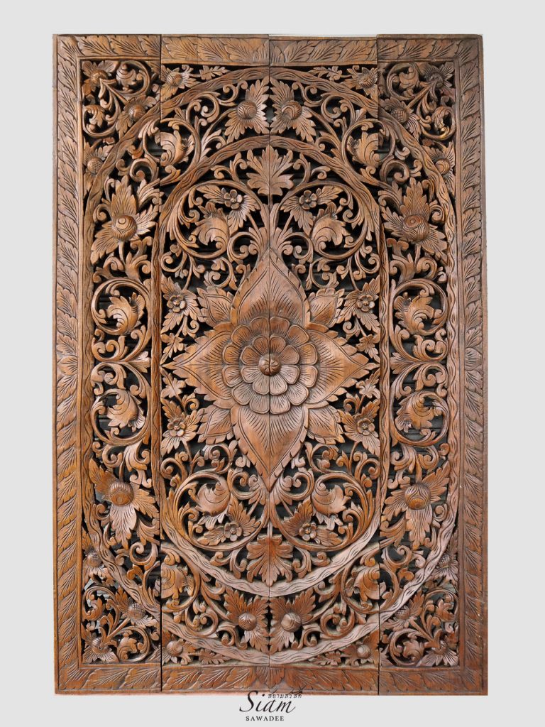 Balinese Flower Wood Carving Bed Headboard - Siam Sawadee