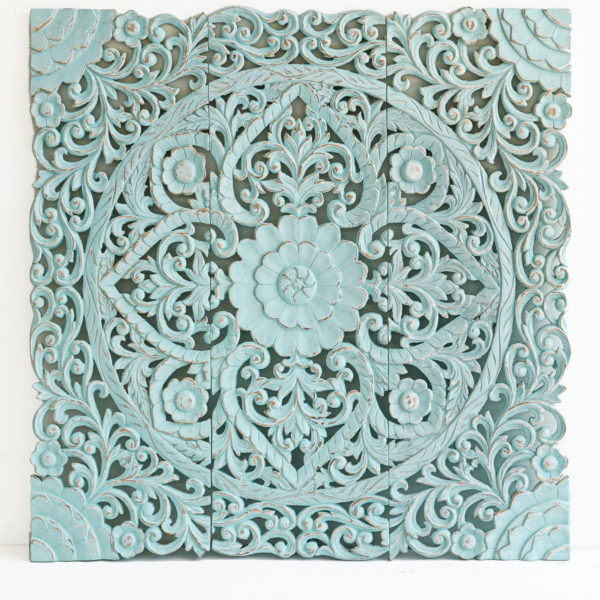 Hand painted blue wash wooden carved panels