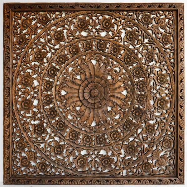 Mandala flower headboard for king size bed wood carved wall mount panel 72 inches