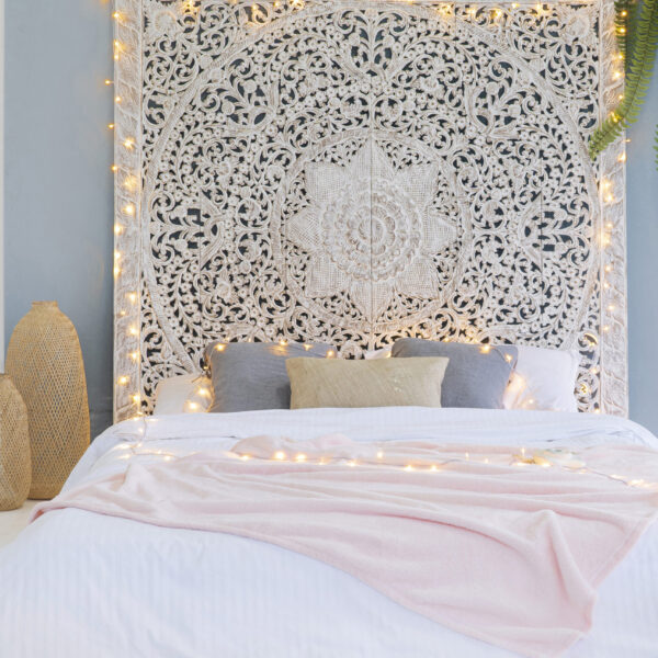 White Boho Cal king hanging headboard