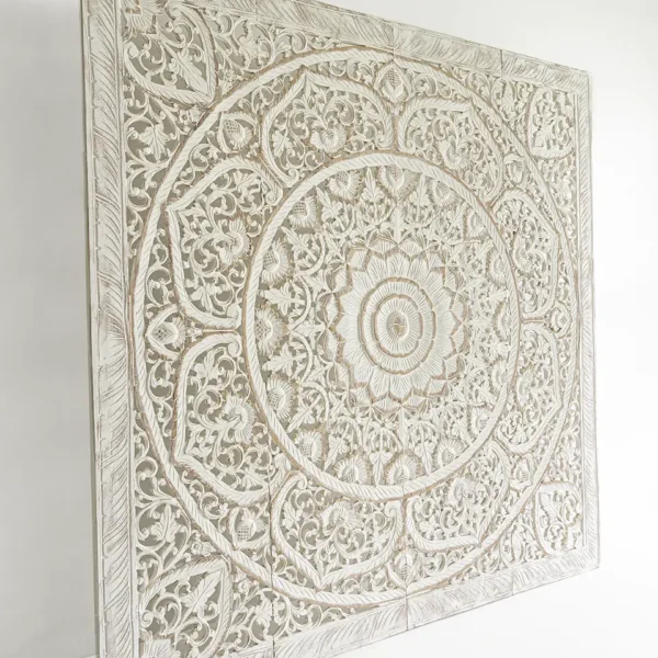 White mandala 76 inches wood carve headboard on wall