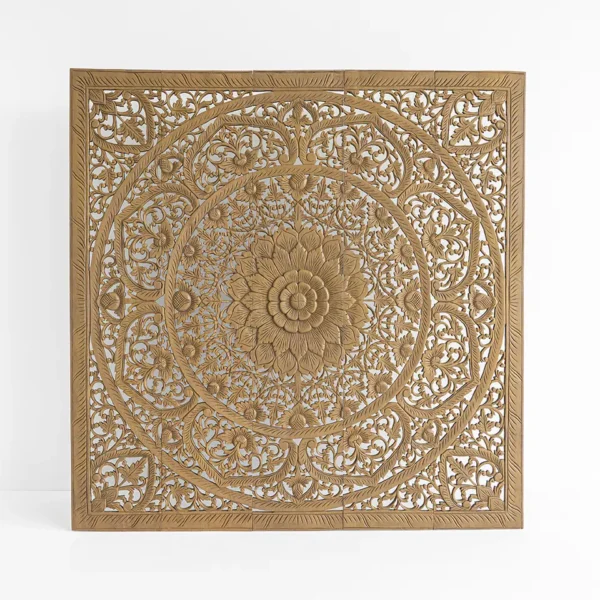 Intricately carved wooden panel with circular mandala design featuring floral and leaf motifs