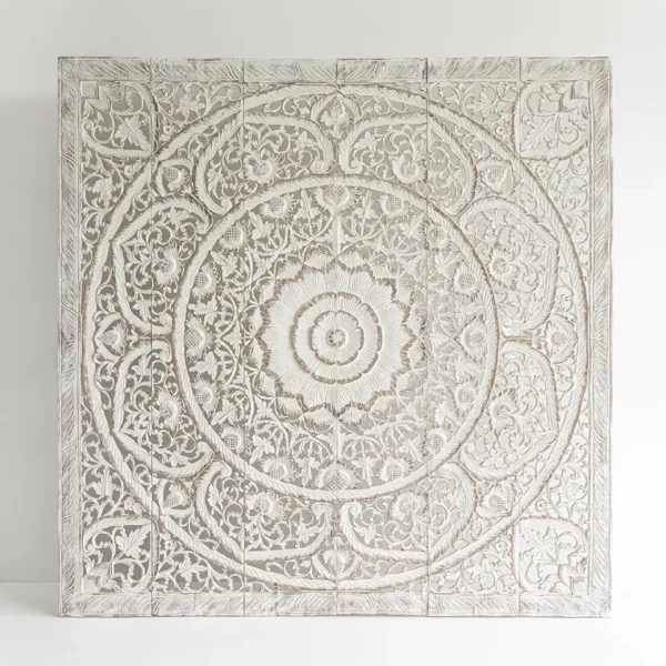 Beautiful white wooden carved mandala bed headboard