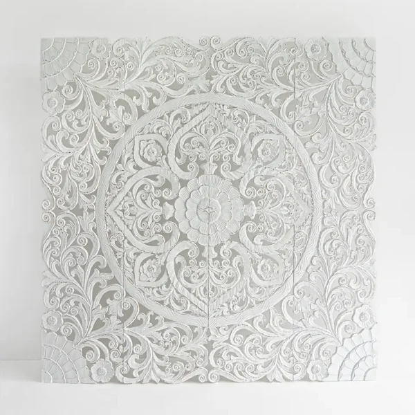 Wooden carved headboard panel with elaborate floral mandala design in natural wood color