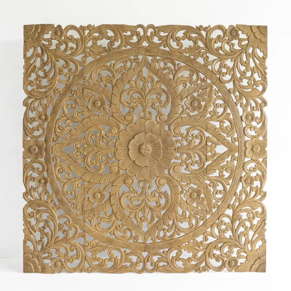 Ornate wooden carved headboard panel with central floral mandala design