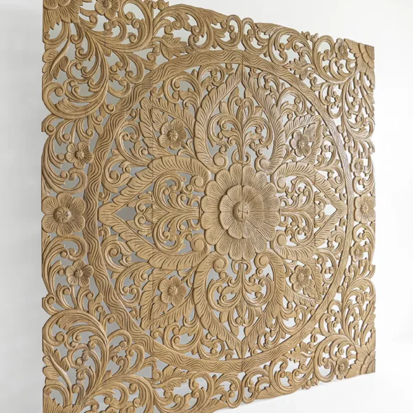 Full rectangular carved wooden headboard with elaborate floral and mandala design