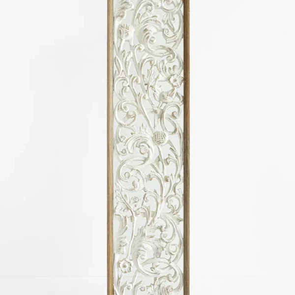 Whitewashed teak wood carved wall panel with intricate floral and scroll design, 37x14.5 inches